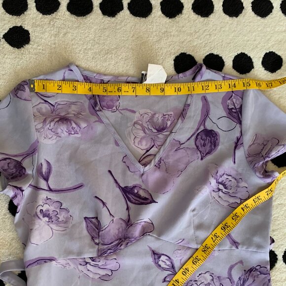 Vintage 90s Purple Floral Midi Dress Empire Waist Short Sleeve Tie Back - Picture 11 of 16